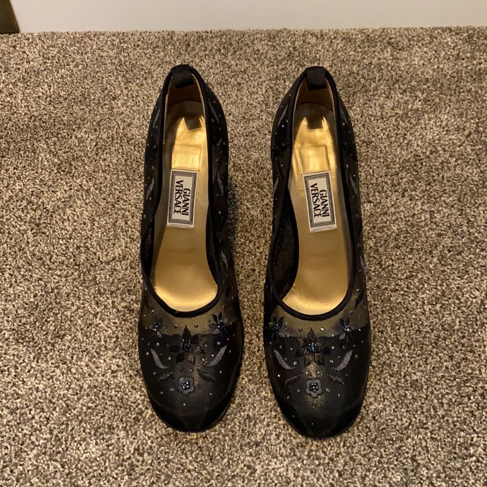 Versace black satin & mesh beaded heels